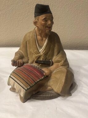 Japanese Hakata Urasaki Clay Doll Seated Man Sword Scroll Figurine